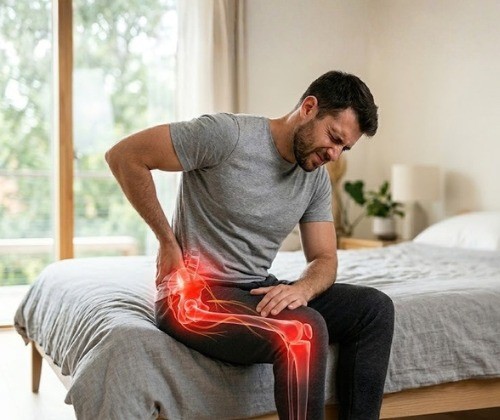 Sciatica pain awareness image emphasizing back pain radiating to legs, with guidance on posture correction and safe movement techniques.